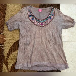 Free People Taupe Short Sleeve Tee with Multicolor Beaded Scoop Neck